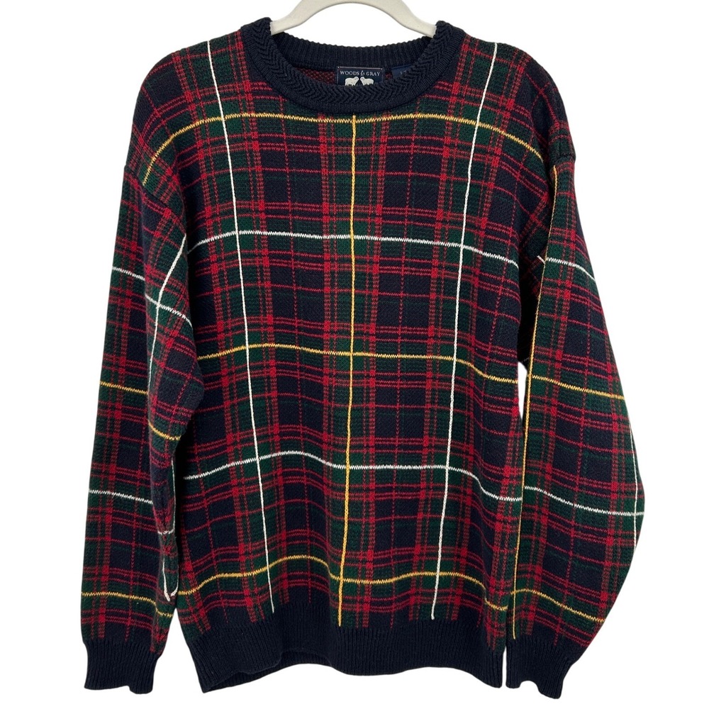 Woods & Gray VTG Mens Tartan Plaid Ribbed‎ Crewneck Sweater Ramie Cotton Large